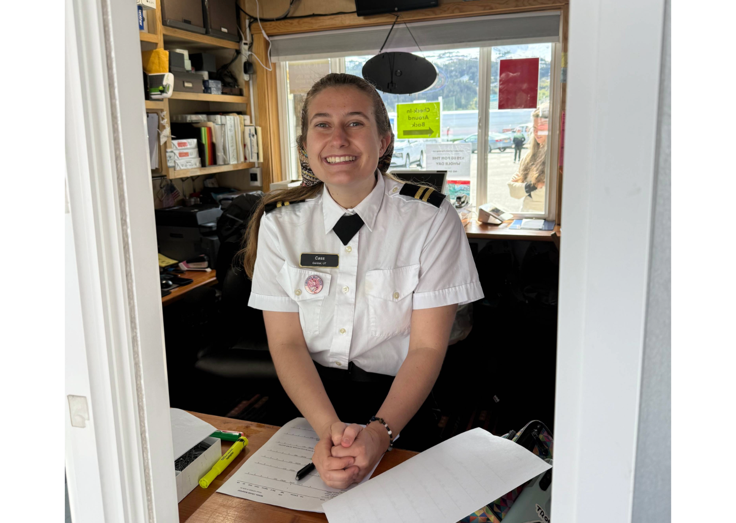 Cass sitting in the Kiosk