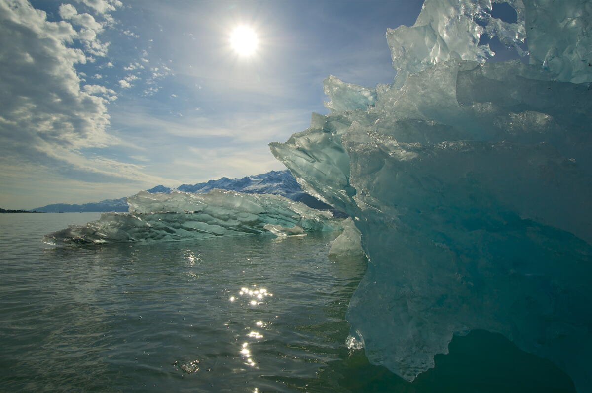 Glacier ice in sunlight in Prince William Sound